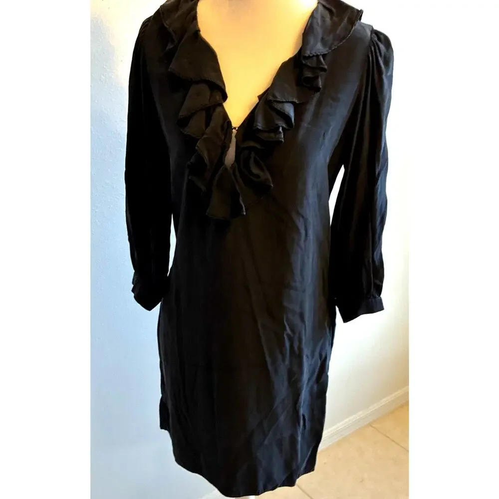 VTG 90s Black Silk Dress Ruffle Collar Whimsygoth Steampunk Vamp Dark Fairy S